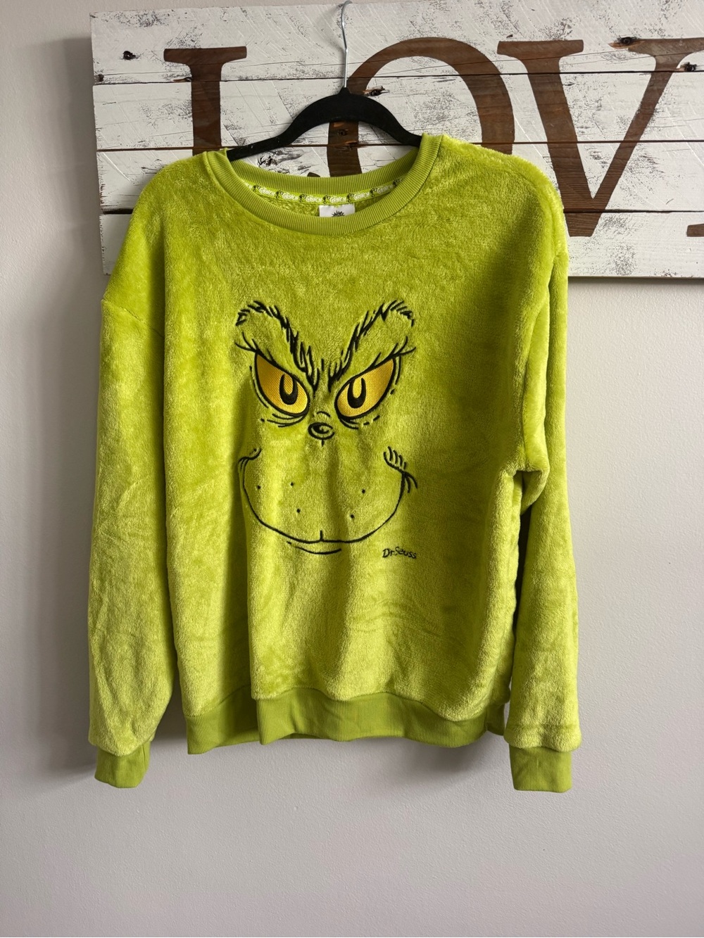 Dr. Seuss Grinch Plush Crewneck Sweater - Bright Lime